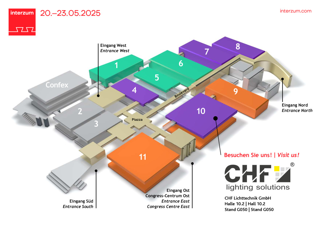 Hallenplan der Interzum 2025 in Köln. Stand CHF Lichttechnik GmbH Halle 10.2, Stand G050